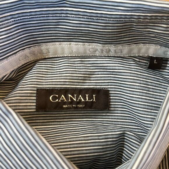 Canali Button up Shirt Size Large L  Made in  Italy Cotton Gray Striped SPOT - Picture 7 of 10